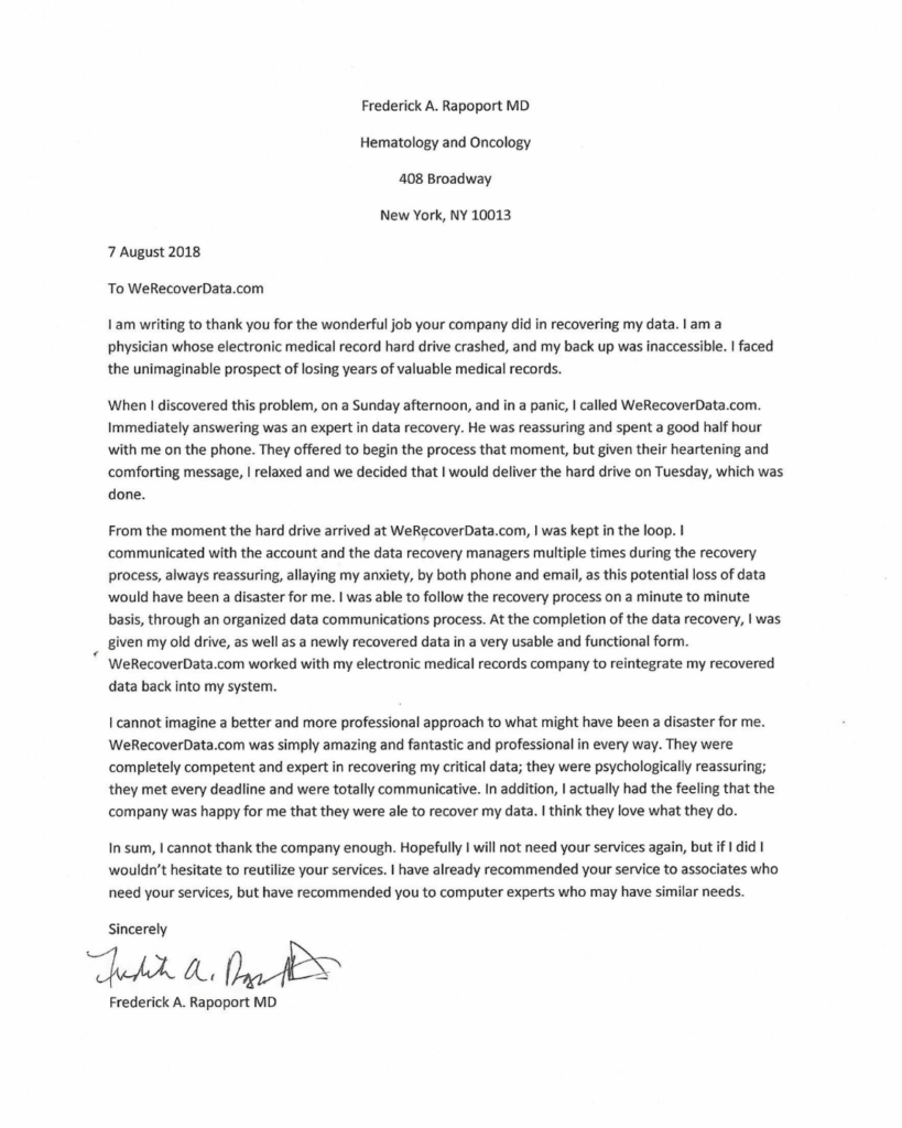 Testimonial letter from Frederick A. Ruggeri MD